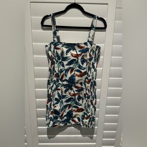 Robin K Junior Mini Dress Smocked Linen Blend Medium Tropical Sleeveless.